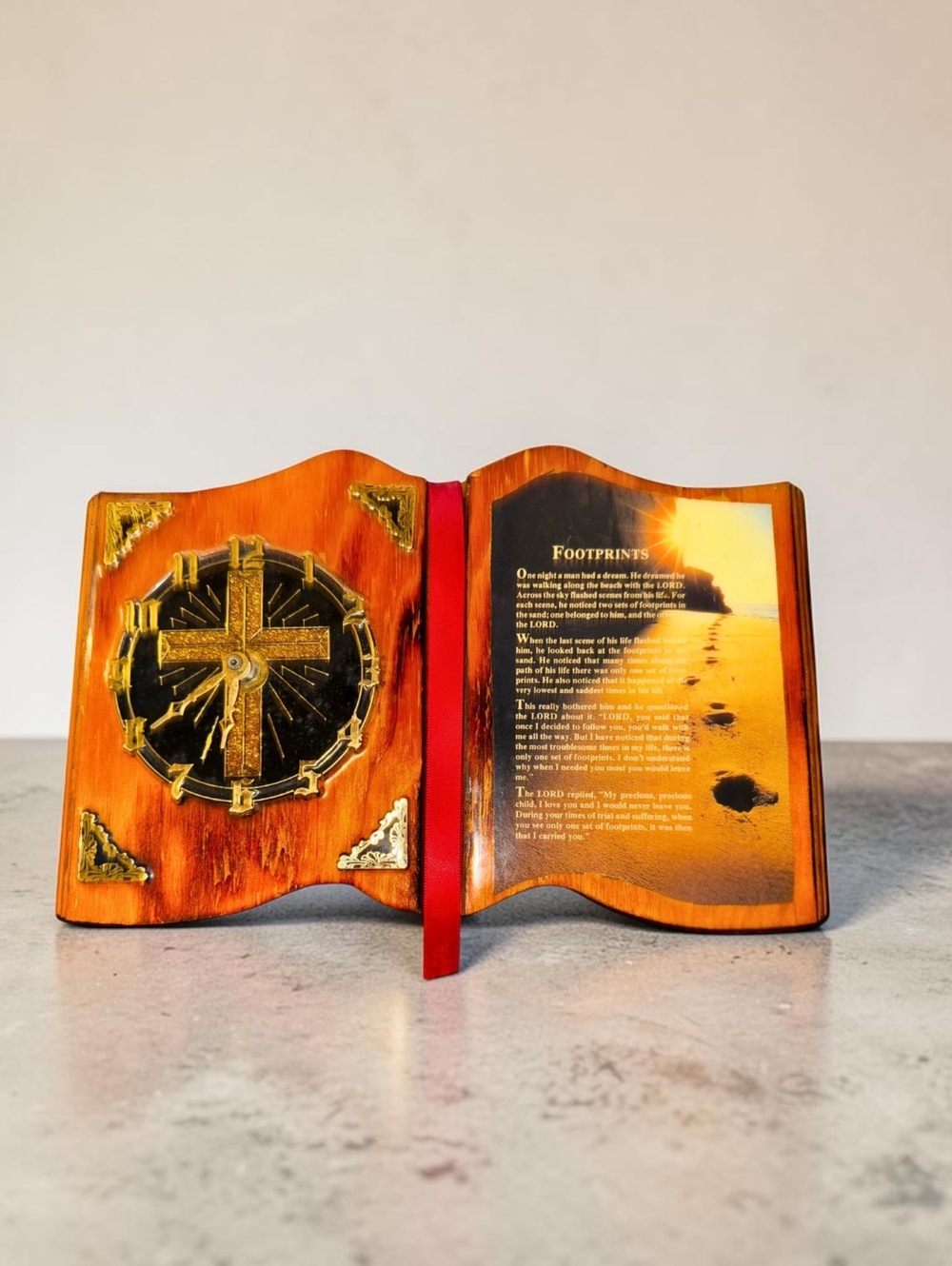 Vintage Footprints Poem Wooden Wall Clock Christian Religious Open Book Cross